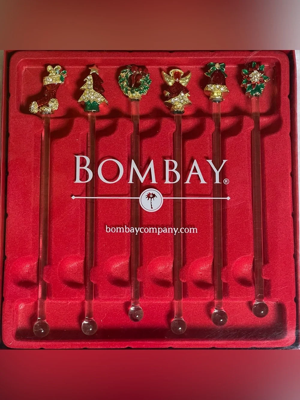 Bombay 2 Sets of 6 Christmas Glass Drink Stirrers Jeweled Holiday Swizzle Sticks
